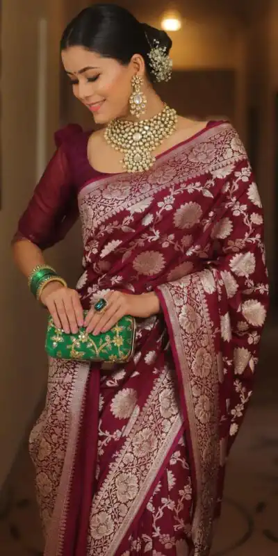 Maroon Soft Lichi Silk All Over Work Saree | Sarees, Bollywood Sarees, Creative Sarees, Designer Sarees, Embroidered Sarees, Ethnic Saree, Modern Digital sarees, Party Wear Sarees