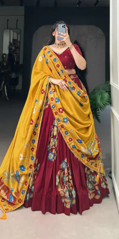 Maroon Tushar Silk Printed Foil Work Lehenga Choli | Lehenga, Bollywood Lehenga, Creative Lehenga, Designer Lehenga, Embroidered Lehenga, Party Wear Lehenga