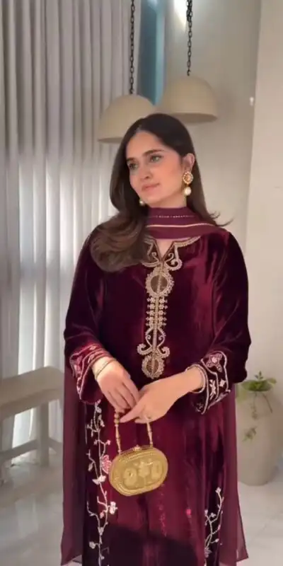 Maroon Viscose Velvet With Lace Work Salwar Suit | Lehenga, Bollywood Lehenga, Creative Lehenga, Designer Lehenga, Embroidered Lehenga, Party Wear Lehenga