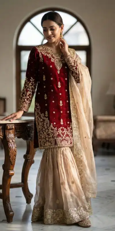 Maroon Zimmy Choo Silk Embroidery Work Slwar Suit | Jump Suits, Tops & Bottoms, Track Suits, Salwar suit, Casual Suits, Creative suits, Designer Suits, Palazzo Suits, Party Wear Suits, Patiala Suits, Straight Suits, Trendy Wear