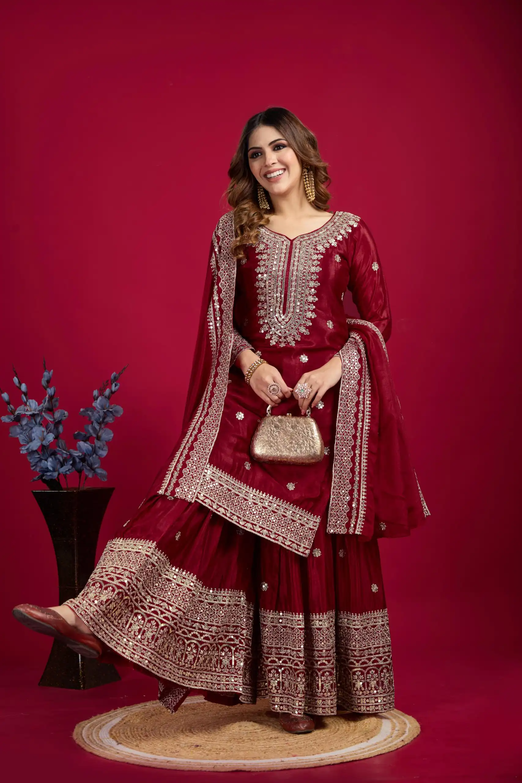 Marron Chinnon Silk With Embroidery Work Sharara Suit | Jump Suits, Salwar suit, Casual Suits, Creative suits, Designer Suits, Palazzo Suits, Party Wear Suits, Patiala Suits, Straight Suits