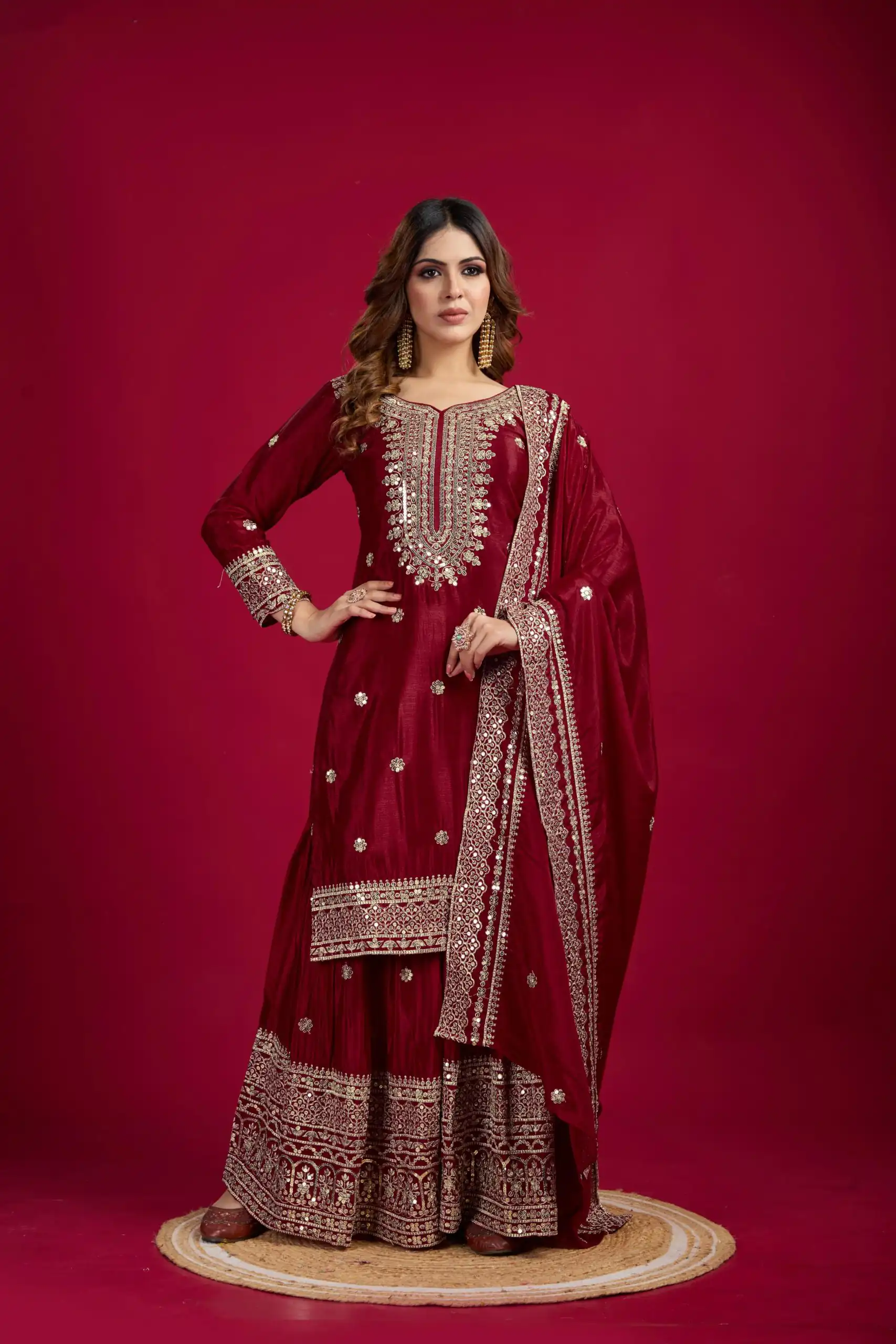 Marron Chinnon Silk With Embroidery Work Sharara Suit | Jump Suits, Salwar suit, Casual Suits, Creative suits, Designer Suits, Palazzo Suits, Party Wear Suits, Patiala Suits, Straight Suits
