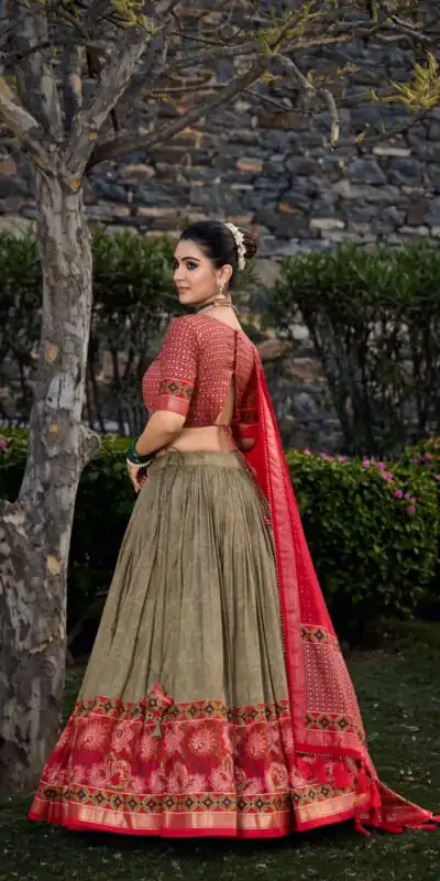Mehandi Tasar Silk Print Lehenga Choli | Lehenga, Bollywood Lehenga, Creative Lehenga, Designer Lehenga, Embroidered Lehenga, Party Wear Lehenga