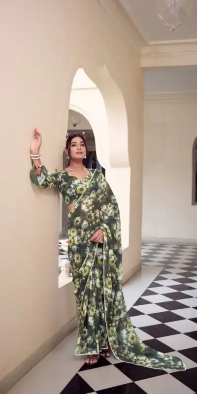 Mehandi Weightless Floral Printed Saree | Sarees, Bollywood Sarees, Creative Sarees, Designer Sarees, Embroidered Sarees, Ethnic Saree, Modern Digital sarees, Party Wear Sarees