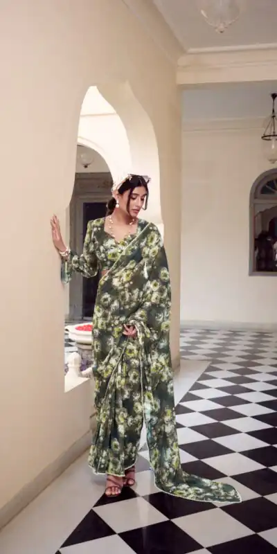 Mehandi Weightless Floral Printed Saree | Sarees, Bollywood Sarees, Creative Sarees, Designer Sarees, Embroidered Sarees, Ethnic Saree, Modern Digital sarees, Party Wear Sarees