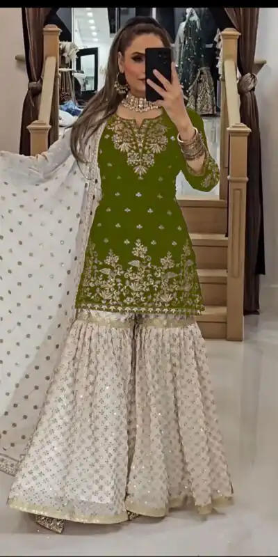 Mehendi Fox Georgette Embroidery Lace Work Salwar Suit | Jump Suits, Tops & Bottoms, Track Suits, Salwar suit, Casual Suits, Creative suits, Designer Suits, Palazzo Suits, Party Wear Suits, Patiala Suits, Straight Suits, Trendy Wear