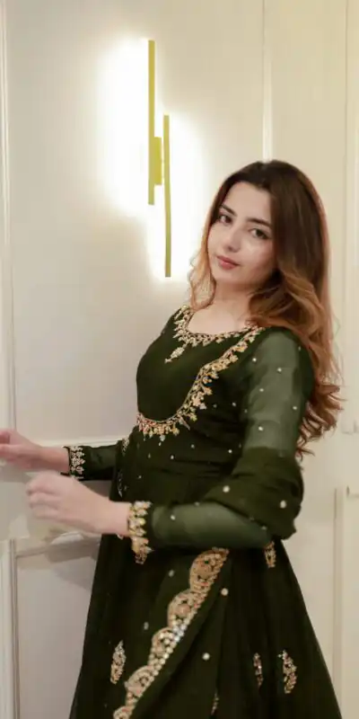 Mehendi Georgette Embroidery Work Gown | Gowns, Bollywood Gowns, Creative Gowns, Designer Gowns, Embroidered Gowns, Party Wear Gowns