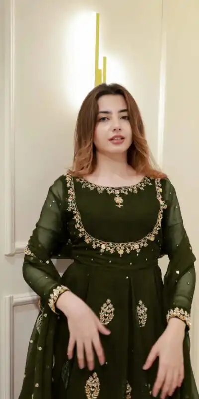 Mehendi Georgette Embroidery Work Gown | Gowns, Bollywood Gowns, Creative Gowns, Designer Gowns, Embroidered Gowns, Party Wear Gowns