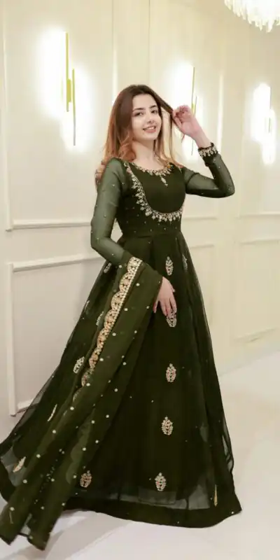 Mehendi Georgette Embroidery Work Gown | Gowns, Bollywood Gowns, Creative Gowns, Designer Gowns, Embroidered Gowns, Party Wear Gowns