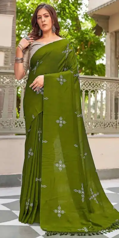 Mehendi Natural Silk With Thread Embroidery Saree | Sarees, Bollywood Sarees, Creative Sarees, Designer Sarees, Embroidered Sarees, Ethnic Saree, Modern Digital sarees, Party Wear Sarees