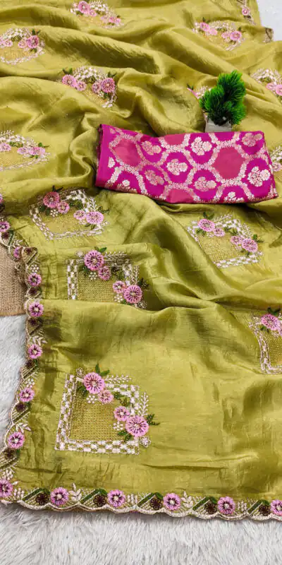 Mehendi Paper Silk Crush With Embroider Saree | Sarees, Bollywood Sarees, Creative Sarees, Designer Sarees, Embroidered Sarees, Ethnic Saree, Modern Digital sarees, Party Wear Sarees