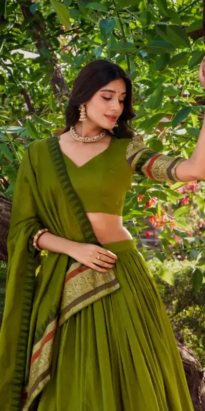 Mehndi Chanderi Plain Lehenga Choli | Lehenga, Bollywood Lehenga, Creative Lehenga, Designer Lehenga, Embroidered Lehenga, Party Wear Lehenga