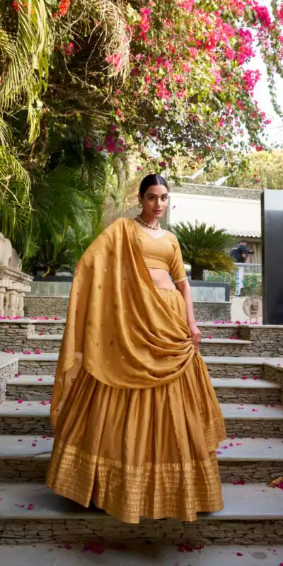 Mustard Chanderi Plain With Zari Weaving Work Border Lehenga Choli | Lehenga, Bollywood Lehenga, Creative Lehenga, Designer Lehenga, Embroidered Lehenga, Party Wear Lehenga