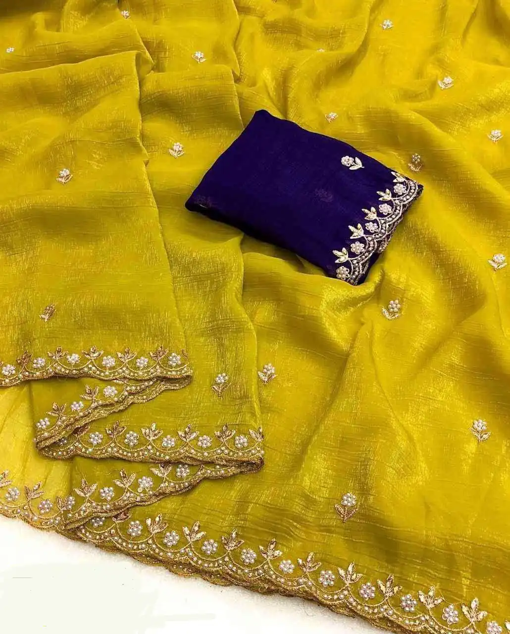 Mustard Crunchy Chiffon Embroidery Work Saree | Sarees, Bollywood Sarees, Creative Sarees, Designer Sarees, Embroidered Sarees, Ethnic Saree, Modern Digital sarees, Party Wear Sarees