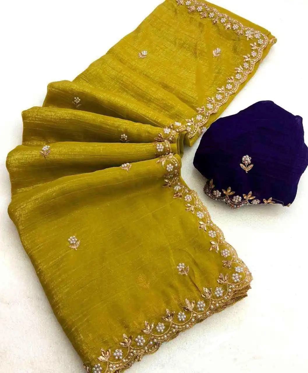 Mustard Crunchy Chiffon Embroidery Work Saree | Sarees, Bollywood Sarees, Creative Sarees, Designer Sarees, Embroidered Sarees, Ethnic Saree, Modern Digital sarees, Party Wear Sarees