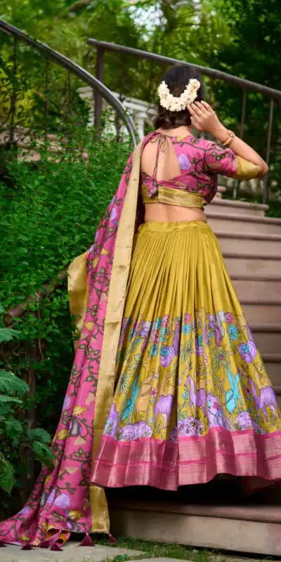 Mustard Dola Silk Kalamkari Print Zari Lehenga Choli | Lehenga, Bollywood Lehenga, Creative Lehenga, Designer Lehenga, Embroidered Lehenga, Party Wear Lehenga