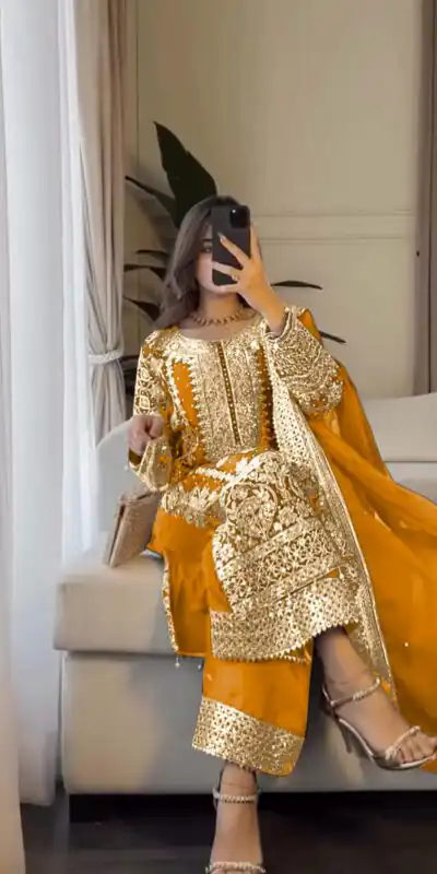 Mustard Faux Georgette Embroidery Salwar Suit | Jump Suits, Salwar suit, Casual Suits, Creative suits, Designer Suits, Palazzo Suits, Party Wear Suits, Patiala Suits, Straight Suits