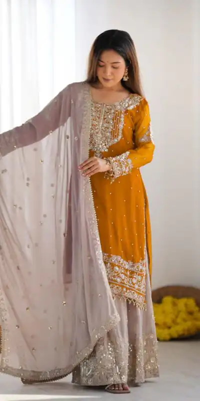 Mustard Faux Georgette With Moti Work Salwar Suit | Jump Suits, Salwar suit, Casual Suits, Creative suits, Designer Suits, Palazzo Suits, Party Wear Suits, Patiala Suits, Straight Suits