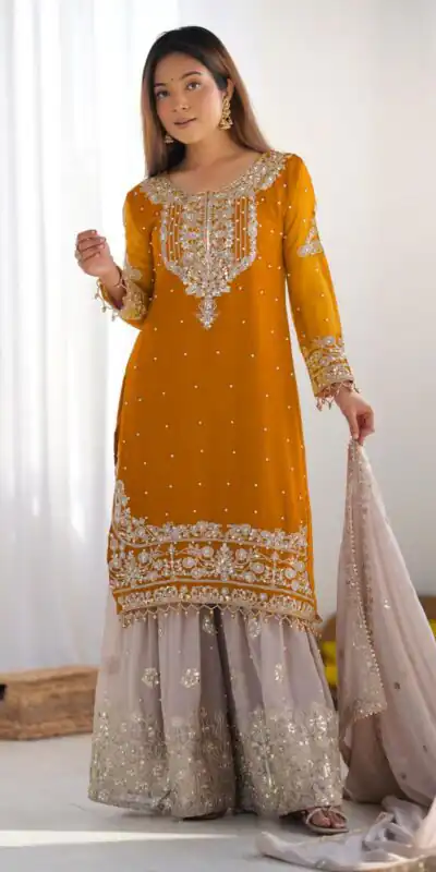 Mustard Faux Georgette With Moti Work Salwar Suit | Jump Suits, Salwar suit, Casual Suits, Creative suits, Designer Suits, Palazzo Suits, Party Wear Suits, Patiala Suits, Straight Suits