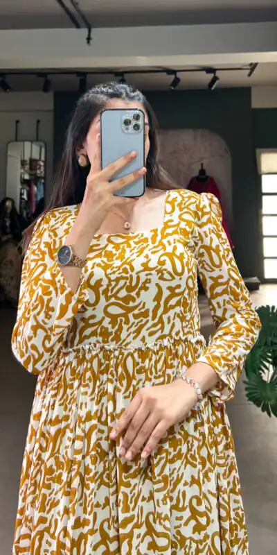 Mustard Georgette Printed Gown | Gowns, Bollywood Gowns, Creative Gowns, Designer Gowns, Embroidered Gowns, Party Wear Gowns