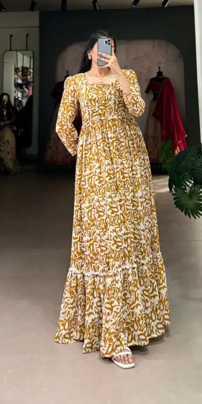 Mustard Georgette Printed Gown | Gowns, Bollywood Gowns, Creative Gowns, Designer Gowns, Embroidered Gowns, Party Wear Gowns