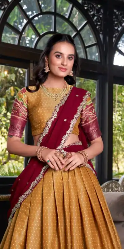 Mustard Kanchipuram Embroider Lehenga Choli | Lehenga, Bollywood Lehenga, Creative Lehenga, Designer Lehenga, Embroidered Lehenga, Party Wear Lehenga