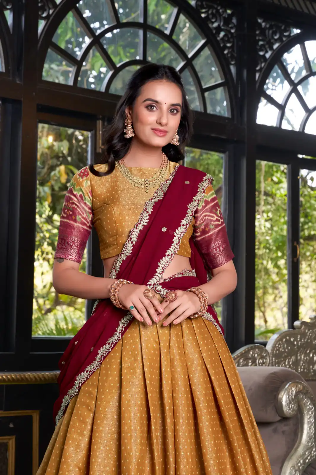 Mustard Kanchipuram Embroider Lehenga Choli | Lehenga, Bollywood Lehenga, Creative Lehenga, Designer Lehenga, Embroidered Lehenga, Party Wear Lehenga