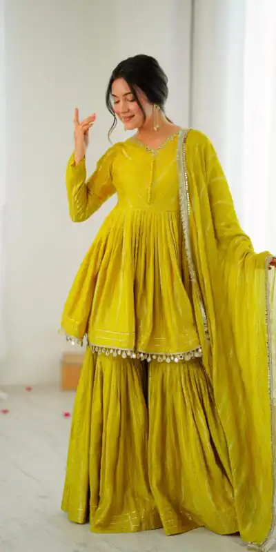 Mustard Mal Chanderi Mirror Work Salwar Suit | Jump Suits, Tops & Bottoms, Track Suits, Salwar suit, Casual Suits, Creative suits, Designer Suits, Palazzo Suits, Party Wear Suits, Patiala Suits, Straight Suits, Trendy Wear