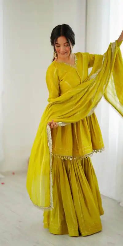 Mustard Mal Chanderi Mirror Work Salwar Suit | Jump Suits, Tops & Bottoms, Track Suits, Salwar suit, Casual Suits, Creative suits, Designer Suits, Palazzo Suits, Party Wear Suits, Patiala Suits, Straight Suits, Trendy Wear