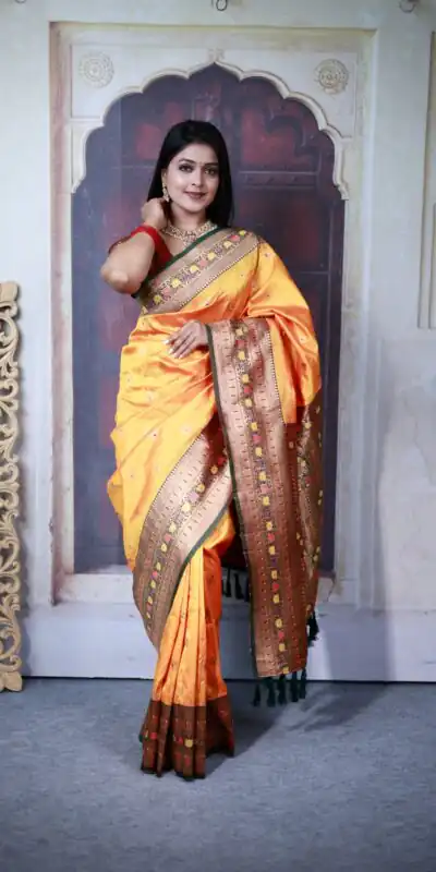 Mustard Paithani Ajanta Lotus With Lace Work Saree | Sarees, Bollywood Sarees, Creative Sarees, Designer Sarees, Embroidered Sarees, Ethnic Saree, Modern Digital sarees, Party Wear Sarees