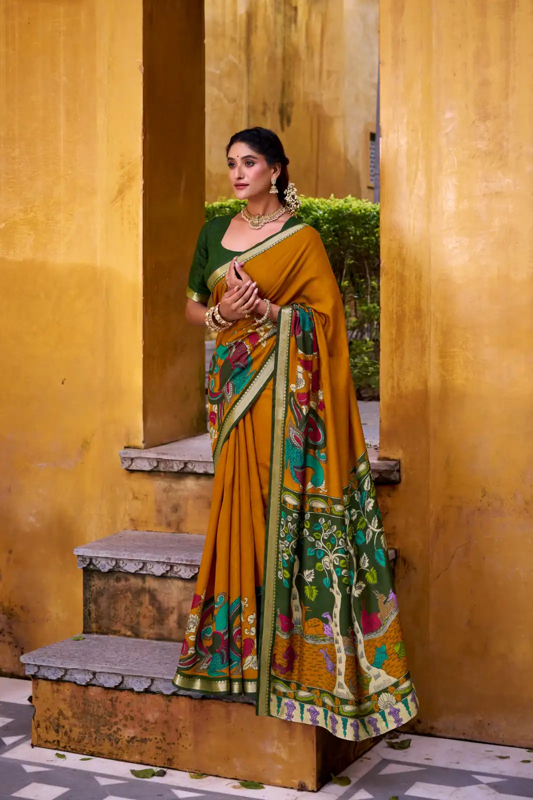 Mustard Polyester Kalamkari Saree | Sarees, Bollywood Sarees, Creative Sarees, Designer Sarees, Embroidered Sarees, Ethnic Saree, Modern Digital sarees, Party Wear Sarees