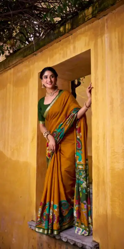 Mustard Polyester Kalamkari Saree | Sarees, Bollywood Sarees, Creative Sarees, Designer Sarees, Embroidered Sarees, Ethnic Saree, Modern Digital sarees, Party Wear Sarees