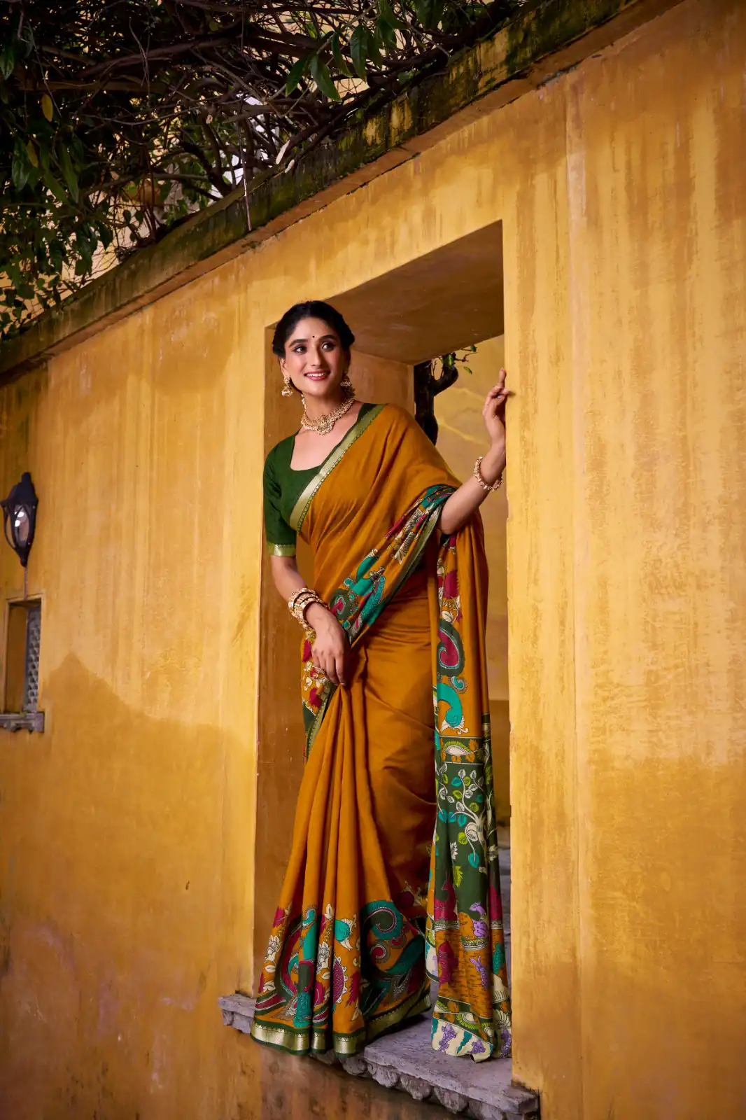 Mustard Polyester Kalamkari Saree | Sarees, Bollywood Sarees, Creative Sarees, Designer Sarees, Embroidered Sarees, Ethnic Saree, Modern Digital sarees, Party Wear Sarees