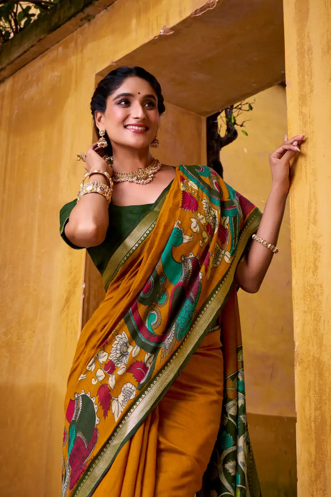 Mustard Polyester Kalamkari Saree | Sarees, Bollywood Sarees, Creative Sarees, Designer Sarees, Embroidered Sarees, Ethnic Saree, Modern Digital sarees, Party Wear Sarees