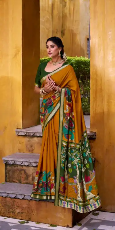 Mustard Polyester Kalamkari Saree | Sarees, Bollywood Sarees, Creative Sarees, Designer Sarees, Embroidered Sarees, Ethnic Saree, Modern Digital sarees, Party Wear Sarees