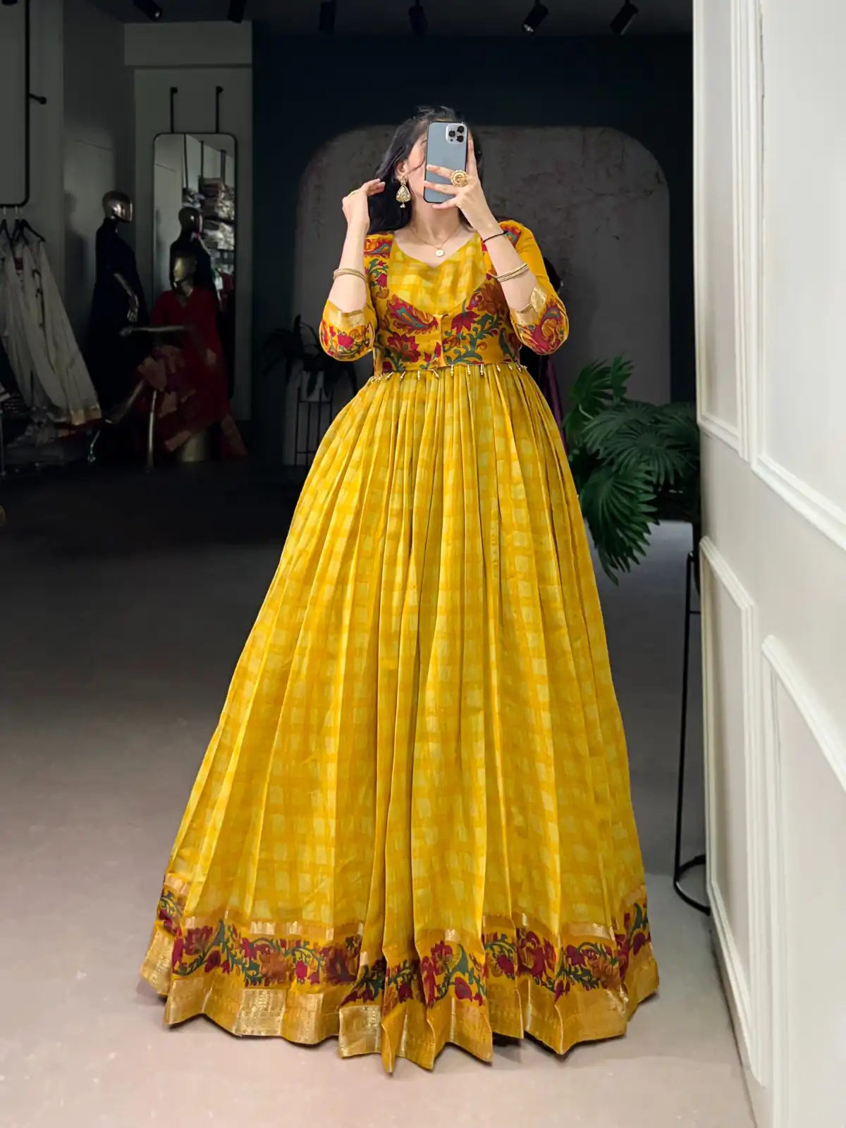 Mustard Polyester Viscose Chanderi Gown | Gowns, Bollywood Gowns, Creative Gowns, Designer Gowns, Embroidered Gowns, Party Wear Gowns