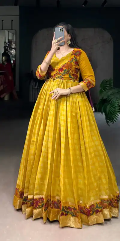 Mustard Polyester Viscose Chanderi Gown | Gowns, Bollywood Gowns, Creative Gowns, Designer Gowns, Embroidered Gowns, Party Wear Gowns