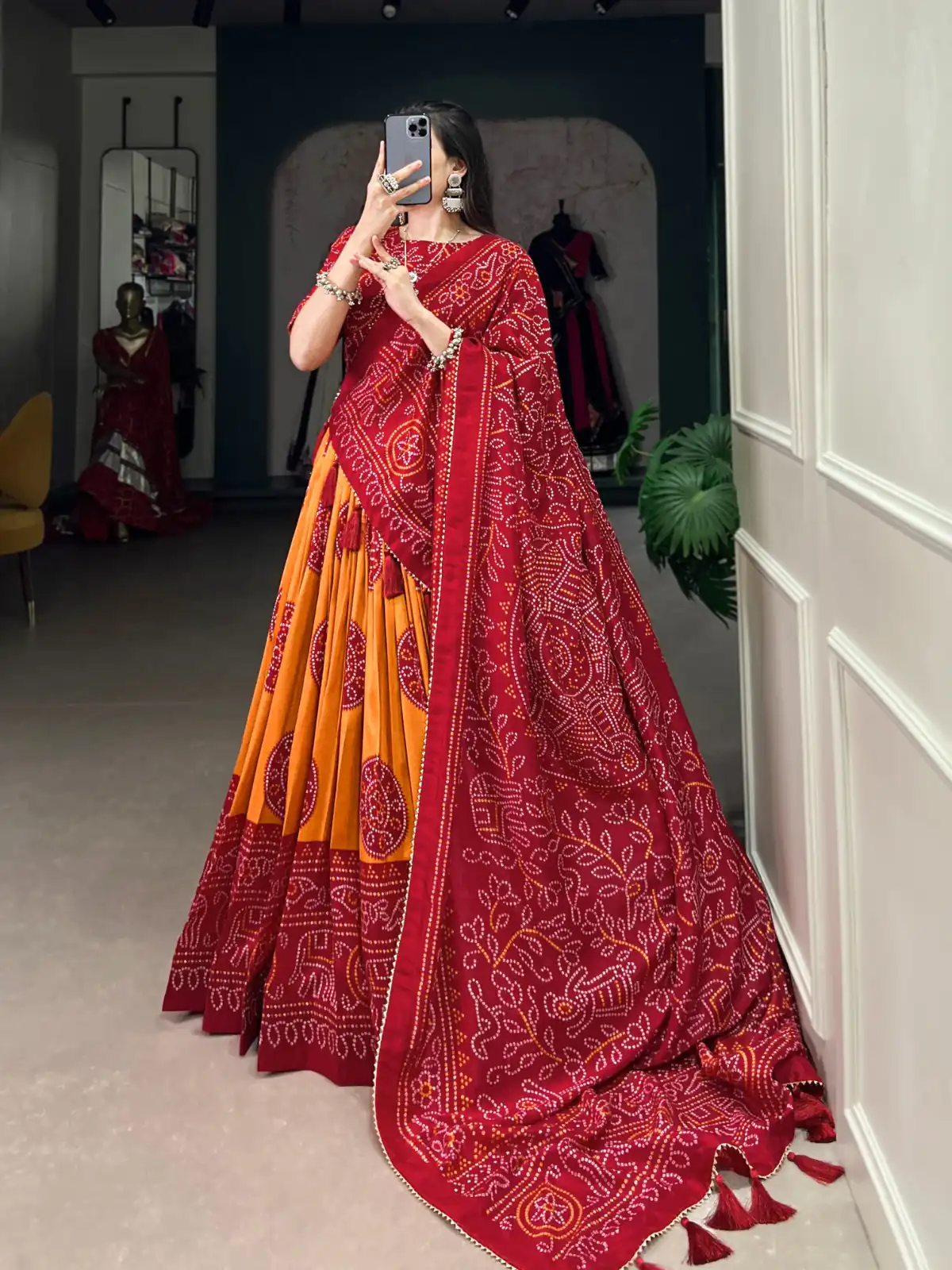 Mustard Tasar Bandhej Lehenga Choli | Lehenga, Bollywood Lehenga, Creative Lehenga, Designer Lehenga, Embroidered Lehenga, Party Wear Lehenga