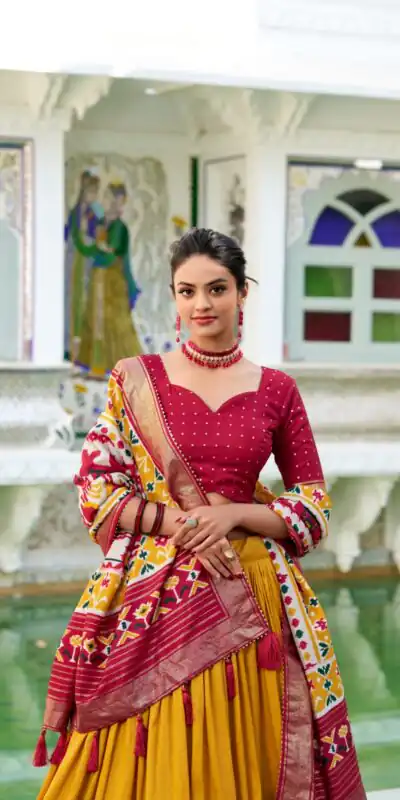 Mustard Tasar Silk Patola Print Gotta Patti Lehenga Choli | Lehenga, Bollywood Lehenga, Creative Lehenga, Designer Lehenga, Embroidered Lehenga, Party Wear Lehenga