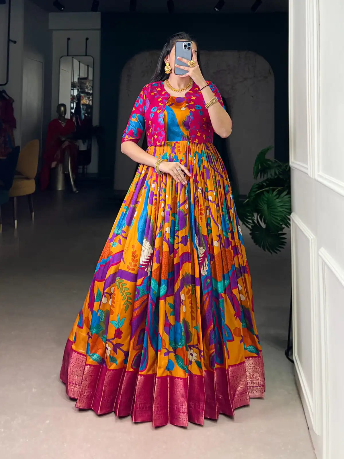 Mustard Taser Silk Zari Work Kalamkari Print Gown | Gowns, Bollywood Gowns, Creative Gowns, Designer Gowns, Embroidered Gowns, Party Wear Gowns