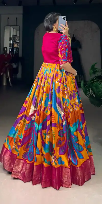 Mustard Taser Silk Zari Work Kalamkari Print Gown | Gowns, Bollywood Gowns, Creative Gowns, Designer Gowns, Embroidered Gowns, Party Wear Gowns