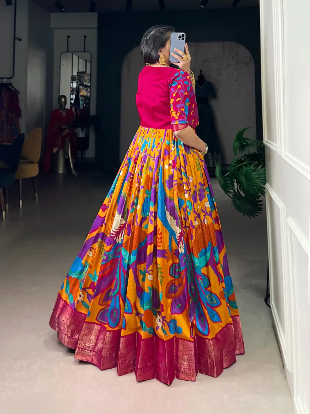 Mustard Taser Silk Zari Work Kalamkari Print Gown | Gowns, Bollywood Gowns, Creative Gowns, Designer Gowns, Embroidered Gowns, Party Wear Gowns