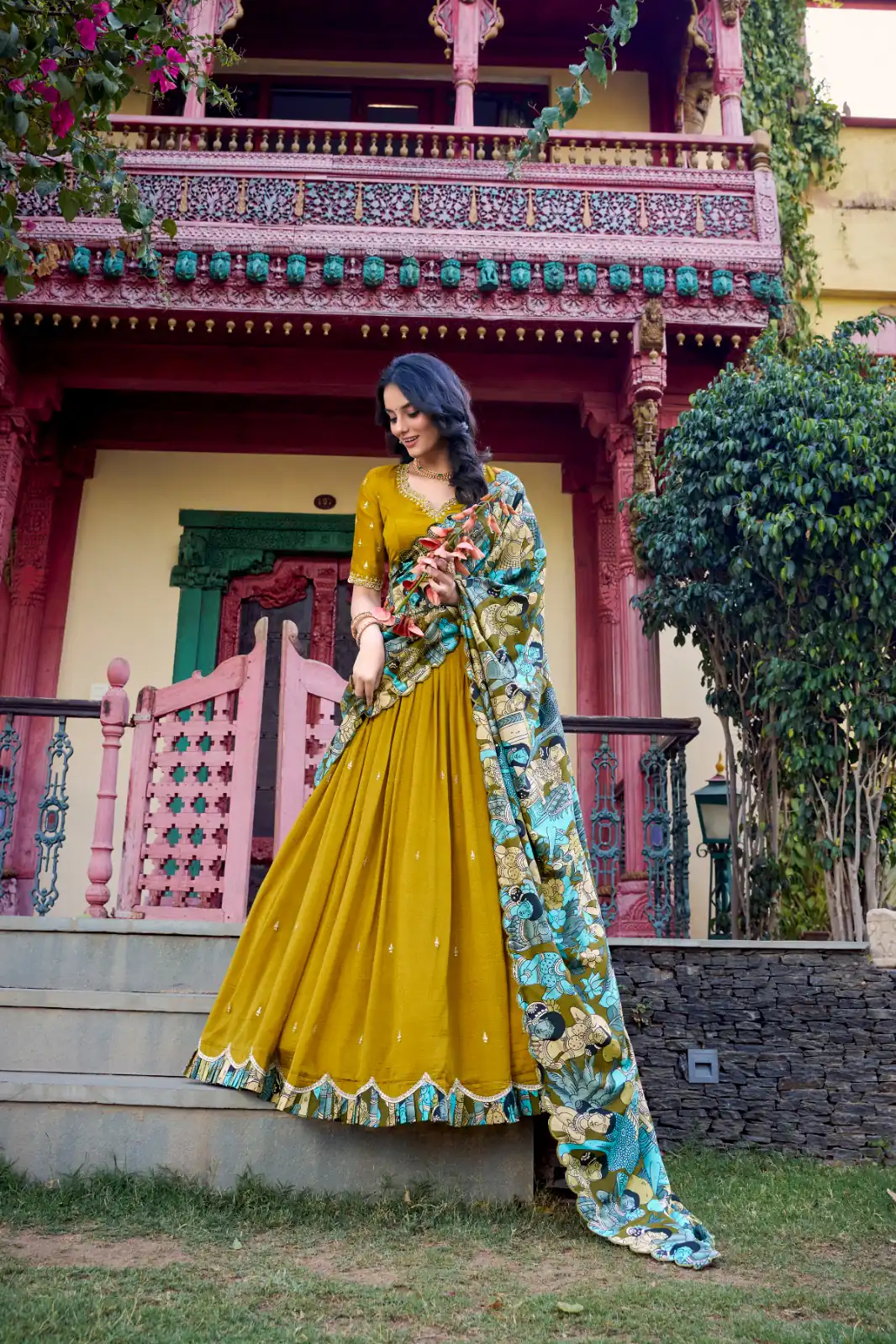 Mustard Vichitra Kalamkari Lehenga Choli | Lehenga, Bollywood Lehenga, Creative Lehenga, Designer Lehenga, Embroidered Lehenga, Party Wear Lehenga