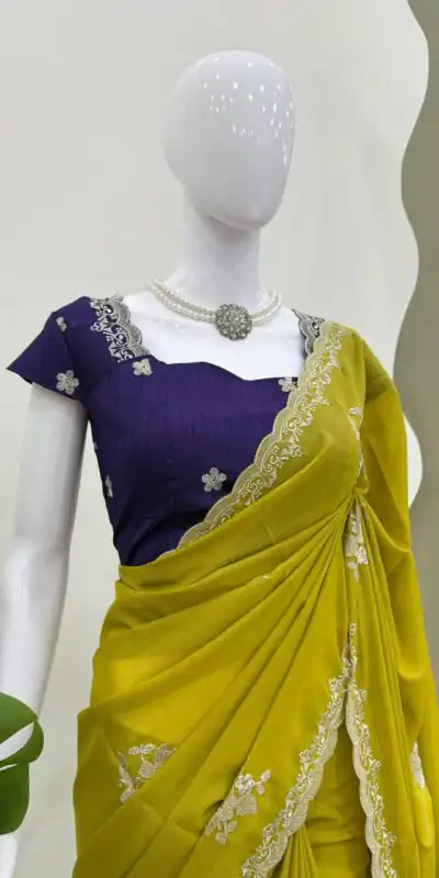 Mustard Yellow Tesla Chiffon Thread Work Saree | Sarees, Bollywood Sarees, Creative Sarees, Designer Sarees, Embroidered Sarees, Ethnic Saree, Modern Digital sarees, Party Wear Sarees