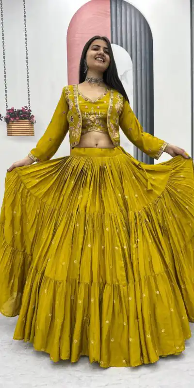 Mustered Chinon Thread Embroidery Lehenga Choli | Lehenga, Bollywood Lehenga, Creative Lehenga, Designer Lehenga, Embroidered Lehenga, Party Wear Lehenga