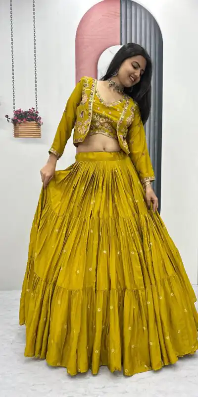 Mustered Chinon Thread Embroidery Lehenga Choli | Lehenga, Bollywood Lehenga, Creative Lehenga, Designer Lehenga, Embroidered Lehenga, Party Wear Lehenga