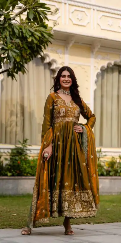 Mustered Fendy Satin Embroidery Work Gown | Gowns, Bollywood Gowns, Creative Gowns, Designer Gowns, Embroidered Gowns, Party Wear Gowns