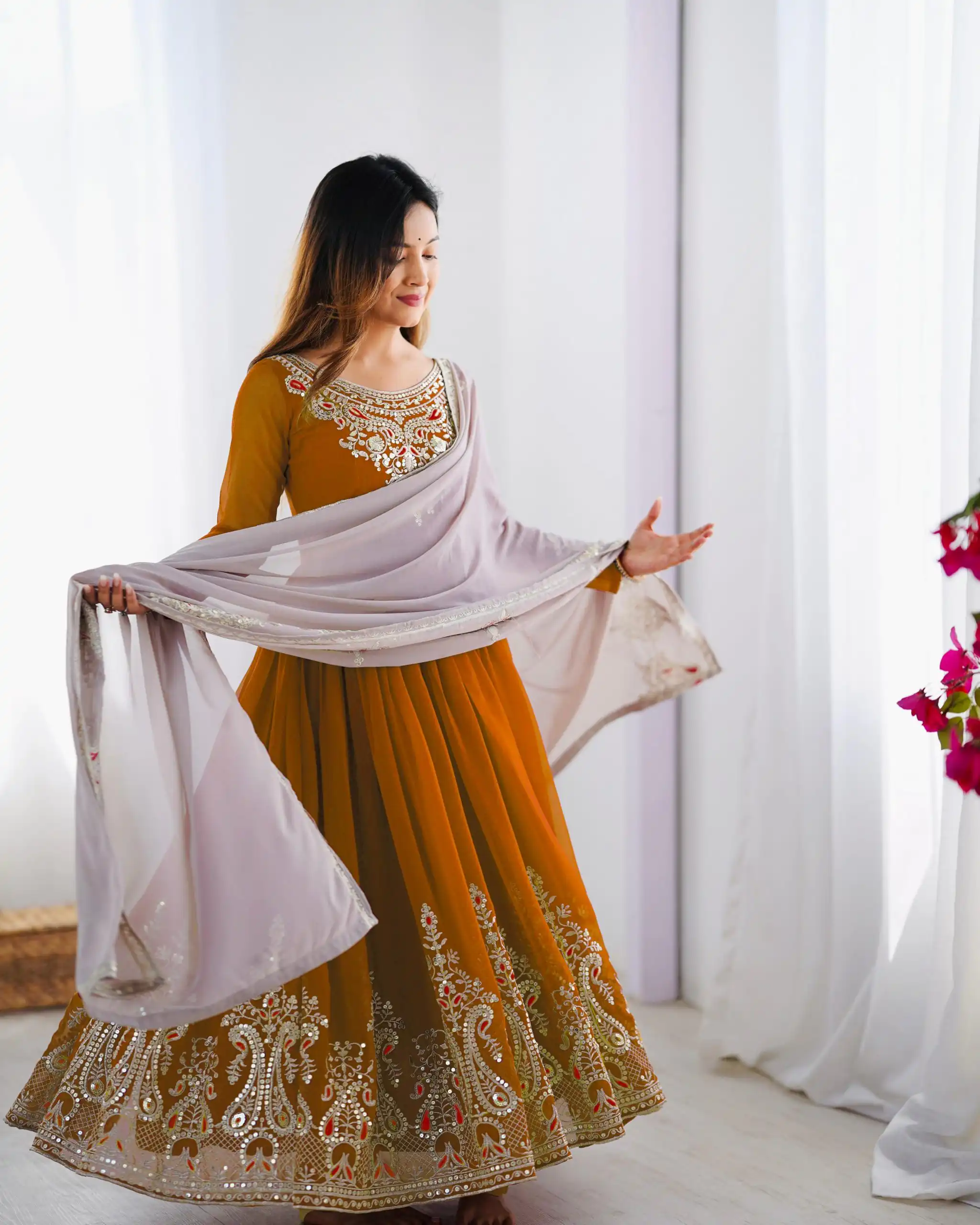 Mustered Georgette With Embroidery Work Gown | Jump Suits, Salwar suit, Casual Suits, Creative suits, Designer Suits, Palazzo Suits, Party Wear Suits, Patiala Suits, Straight Suits