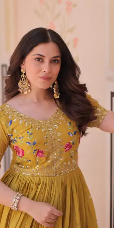 Mustered Gold Crush Zari Embroidery Work Gown | Gowns, Bollywood Gowns, Creative Gowns, Designer Gowns, Embroidered Gowns, Party Wear Gowns
