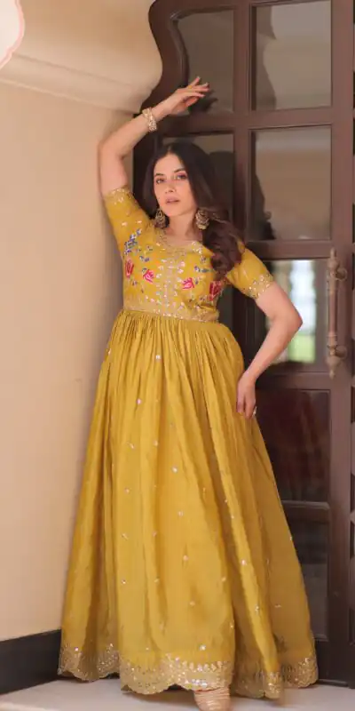 Mustered Gold Crush Zari Embroidery Work Gown | Gowns, Bollywood Gowns, Creative Gowns, Designer Gowns, Embroidered Gowns, Party Wear Gowns